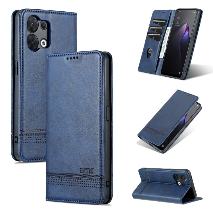 Dark blue magnetic flip phone case with textured leather look and camera openings.