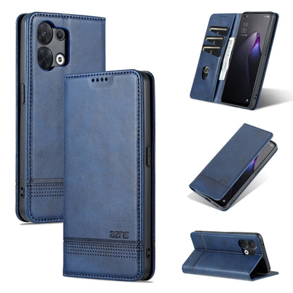 Dark blue magnetic flip phone case with textured leather look and camera openings.