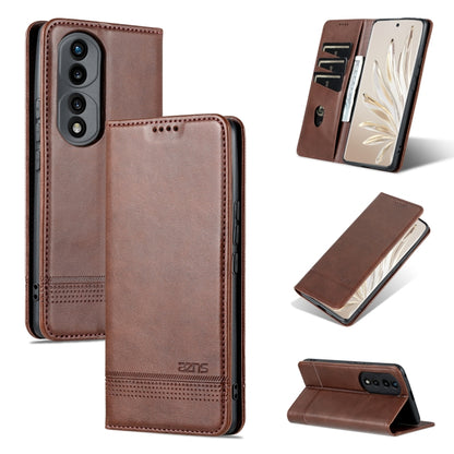 AZNS magnetic flip leather phone case, medium brown with stitched seams and camera openings
