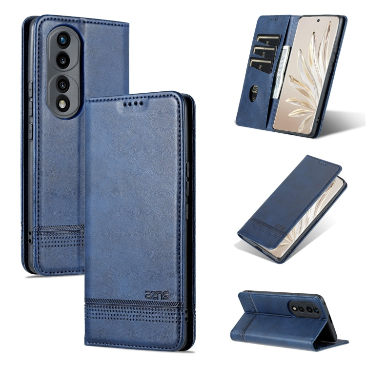 Blue magnetic flip leather phone case with card slot and stand, rear camera cutouts