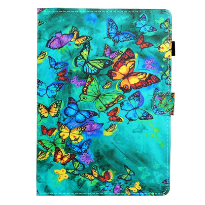 Teal folio tablet case with colorful butterfly pattern and stitched edge