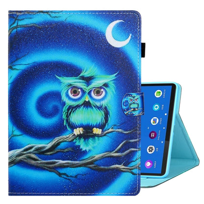 Smart leather tablet case with blue owl night-sky print and moon emblem