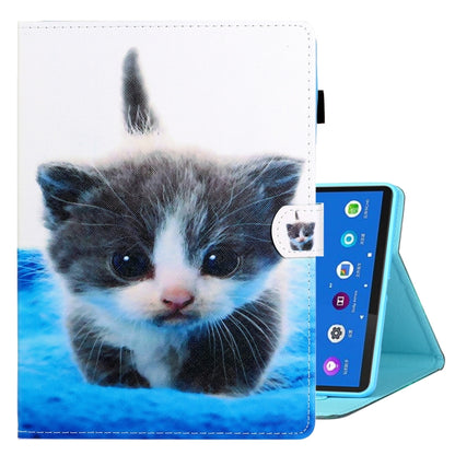 Smart leather tablet case with blue-and-white cat face print and circular tag