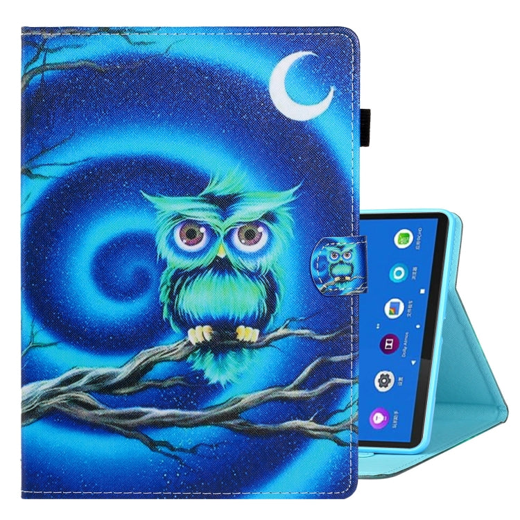 Smart leather tablet case with blue owl night-sky print and moon emblem