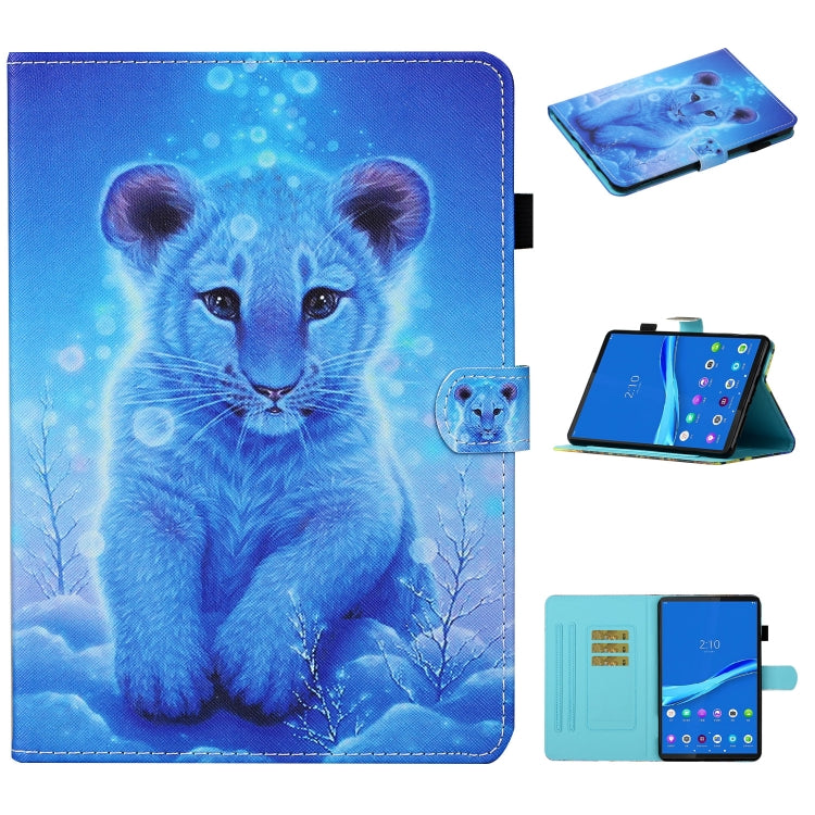 Smart leather tablet case with blue animal print, stitched edges, and stand cover.