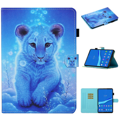 Smart leather tablet case with blue animal print, stitched edges, and stand cover.