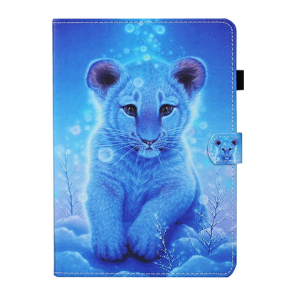 Blue illustrated animal face tablet folio case with stitched border and card holder flap.
