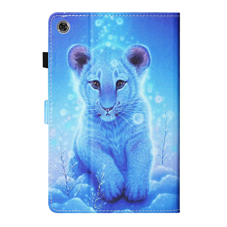 Blue printed tablet case folio with top camera cutout and stitched side edge.