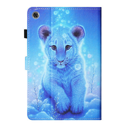 Blue printed tablet case folio with top camera cutout and stitched side edge.