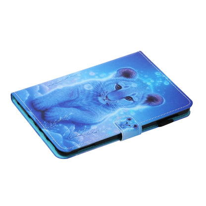 Blue animal print tablet case folio with foldable stand and stitched border.