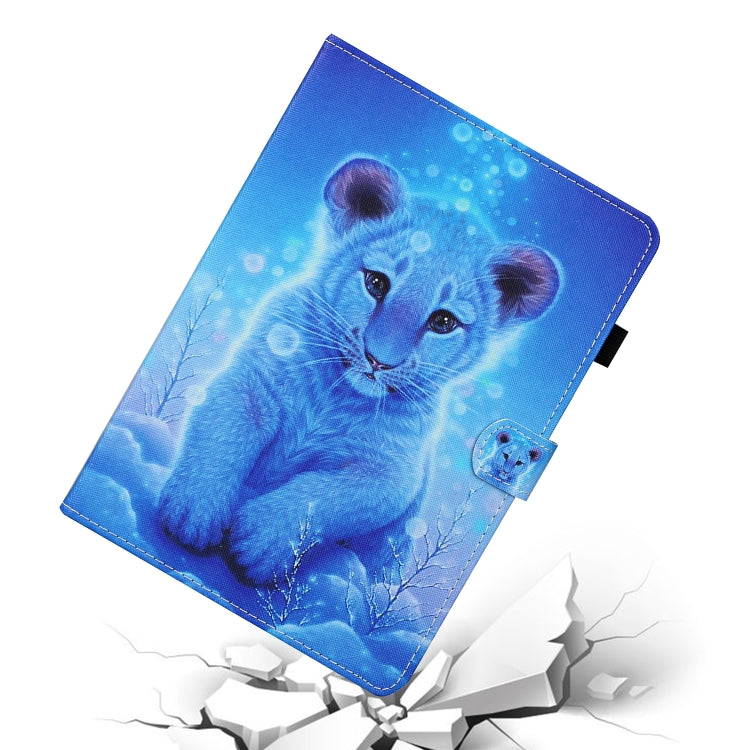 Blue illustrated animal print tablet case folio with stitched edges and front snap tab.