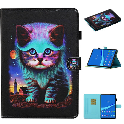 Dark smart tablet case with colorful cat face print, stitched edges, and wrist strap.