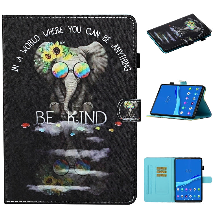 Black elephant print smart leather tablet case with colorful glasses and “BE KIND” text