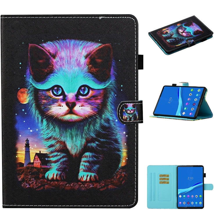 Dark folio tablet case with rainbow cat face illustration, stitched trim, and side strap.
