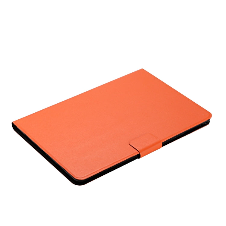 Orange folio tablet case folded into a viewing stand with dark edge trim