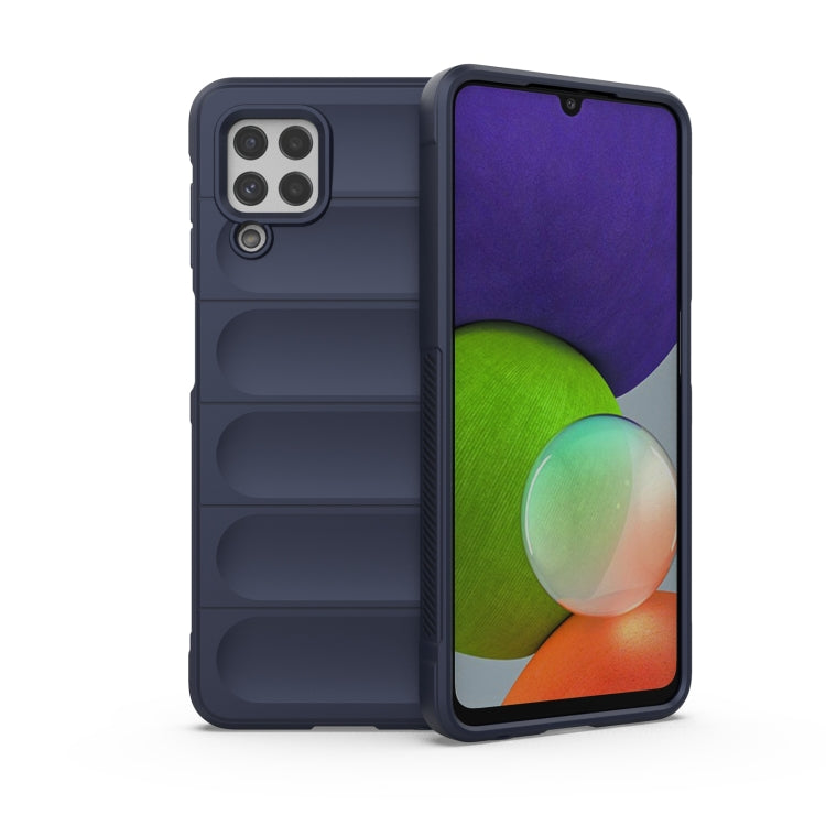 Magic Shield TPU + flannel phone case in dark blue, front and back view