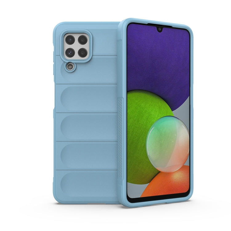 Light blue TPU phone case with flannel lining, raised camera cutouts and side grip
