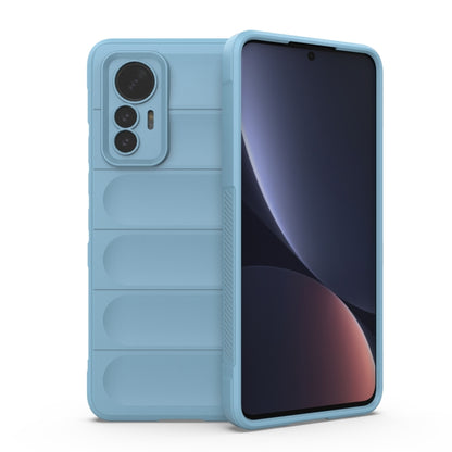Light blue TPU phone case with ridged panel design and dual camera cutouts