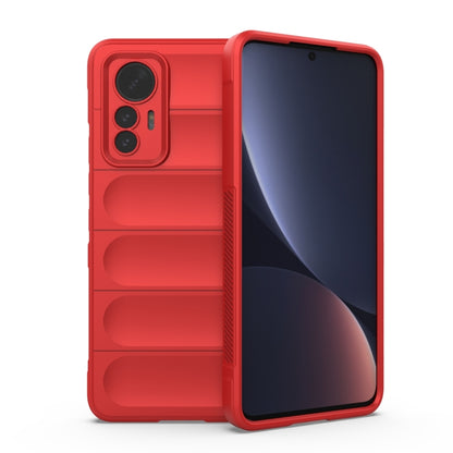 Red TPU phone case with ridged panel design and dual camera cutouts