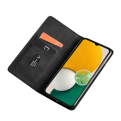 Black leather magnetic flip phone case with card slots and inner view of phone screen.