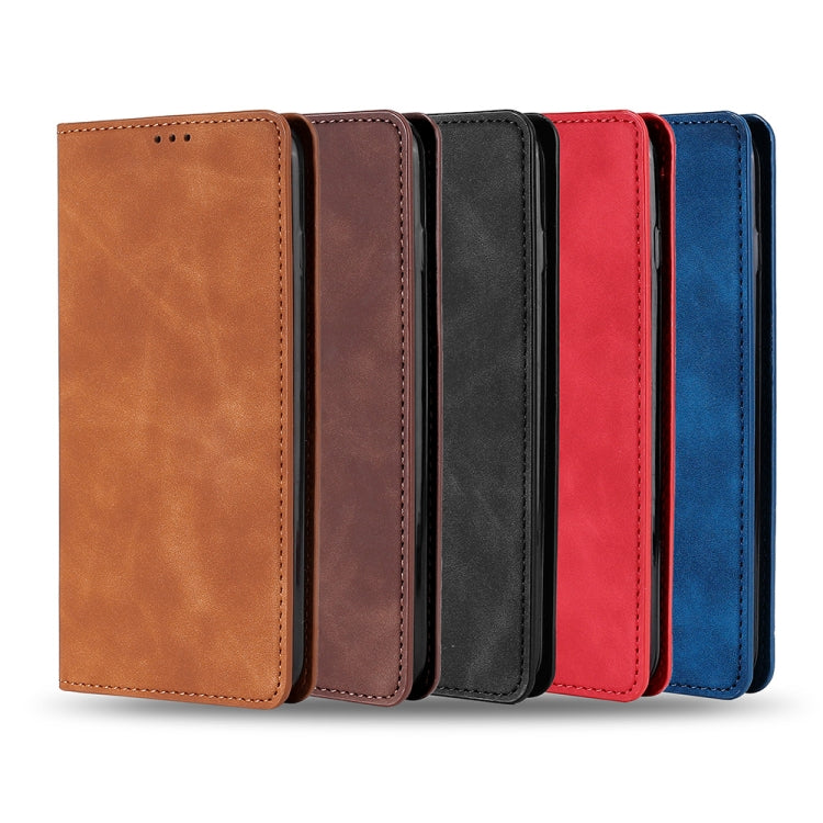 Set of leather magnetic flip phone cases in light brown, dark brown, black, red, and blue.