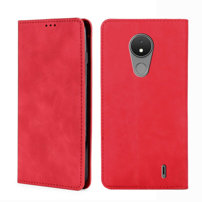 Magnetic horizontal flip leather phone case, red; back with dual-camera cutout and port opening