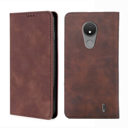 Leather magnetic flip phone case in dark brown, with camera and port cutouts.