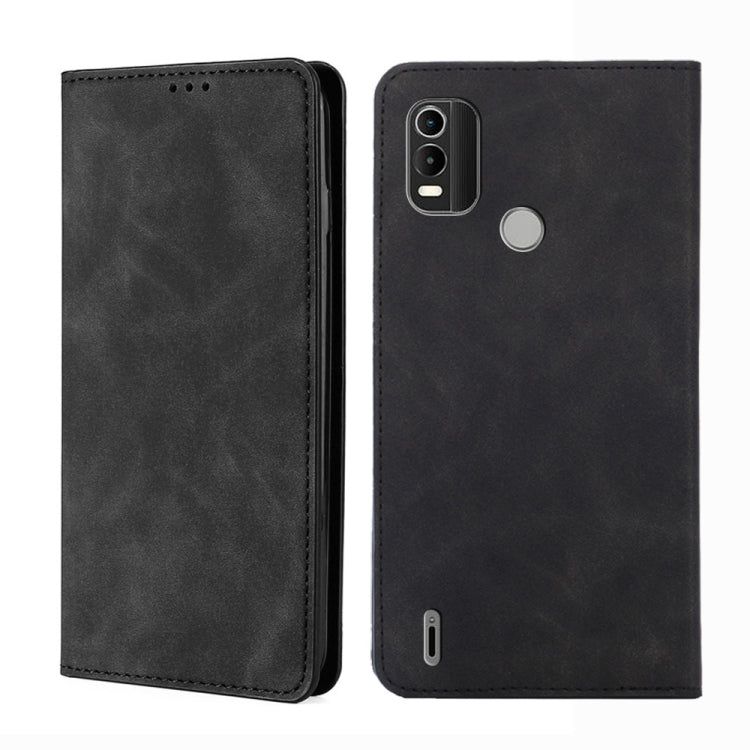 Leather magnetic flip phone case in black, with camera cutout and side port opening.