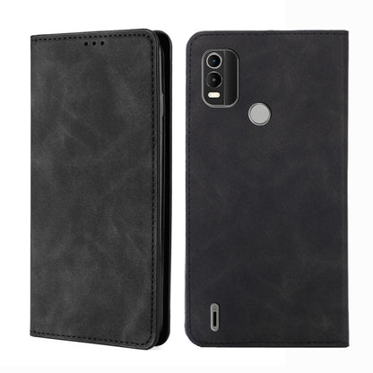 Leather magnetic flip phone case in black, with camera cutout and side port opening.