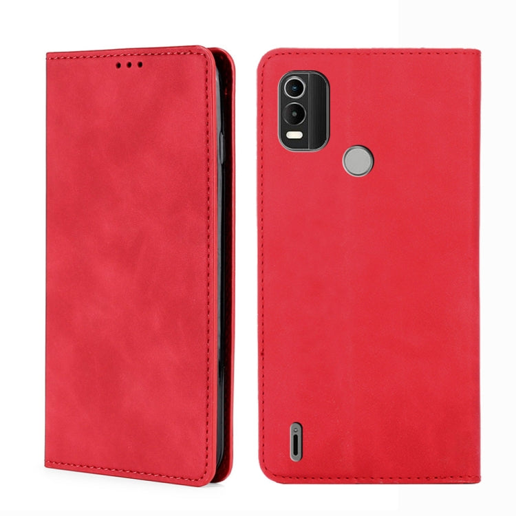 Leather magnetic flip phone case in red, with camera cutout and stitched trim.