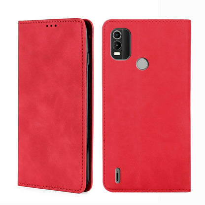 Leather magnetic flip phone case in red, with camera cutout and stitched trim.