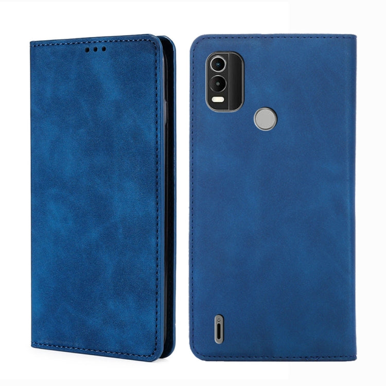 Leather magnetic flip phone case in blue, with camera cutout and side speaker opening.