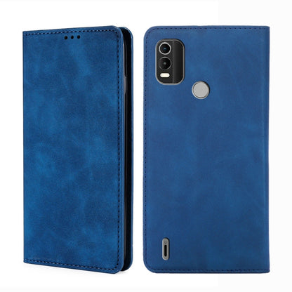 Leather magnetic flip phone case in blue, with camera cutout and side speaker opening.