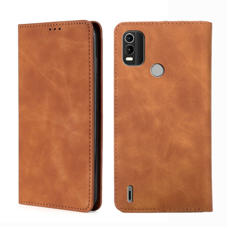 Leather magnetic flip phone case in light brown, showing back with camera and round button.