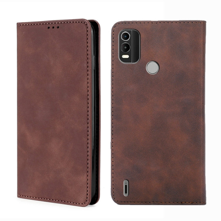 Leather magnetic flip phone case in dark brown, showing front and back camera/port cutouts.