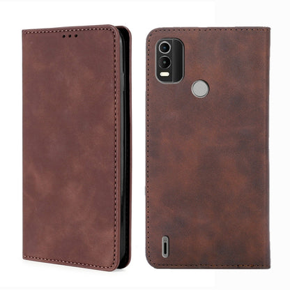 Leather magnetic flip phone case in dark brown, showing front and back camera/port cutouts.