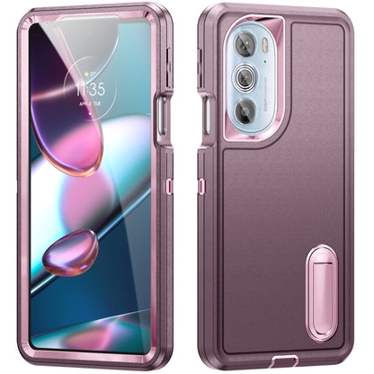 Rugged phone case, purple with pink accents, front and back views, camera cutout