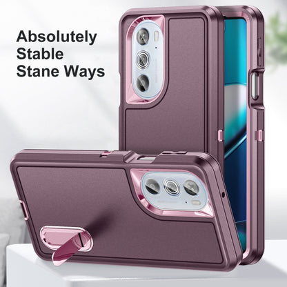 Rugged purple phone case with built-in stand, front and back shown