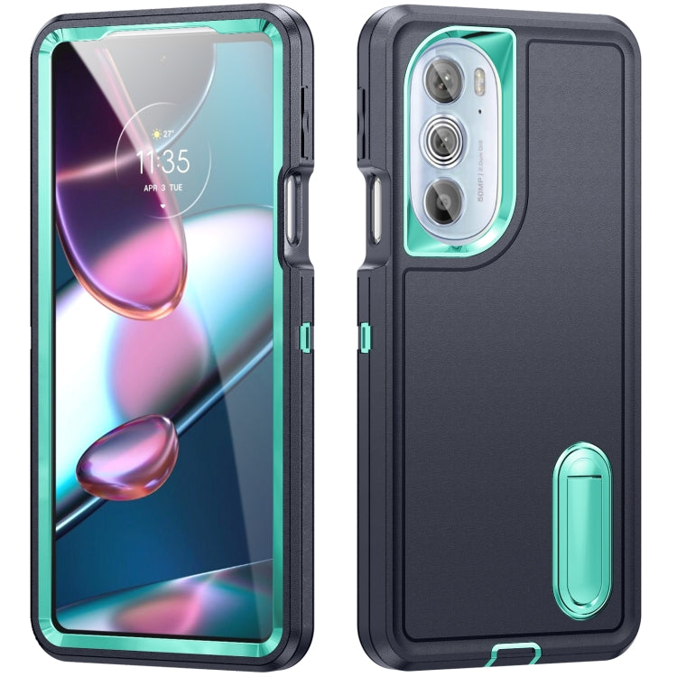 Rugged phone case in dark blue/black with teal accent, front and back views