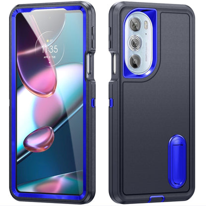 Rugged phone case in dark blue/black with blue accent, front and back views