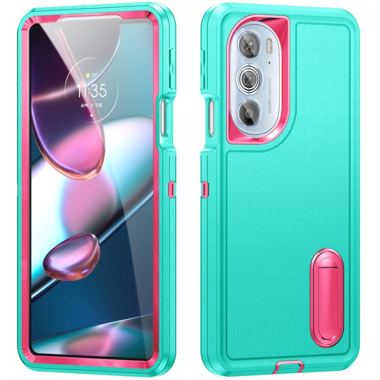 Rugged phone case with transparent window, turquoise border, dual-layer protection and stand