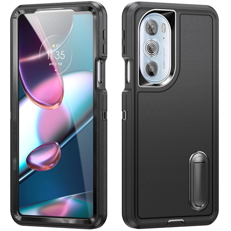 Rugged phone case with matte black finish, camera cutout and built-in stand