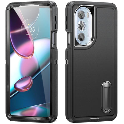 Rugged phone case with matte black finish, camera cutout and built-in stand