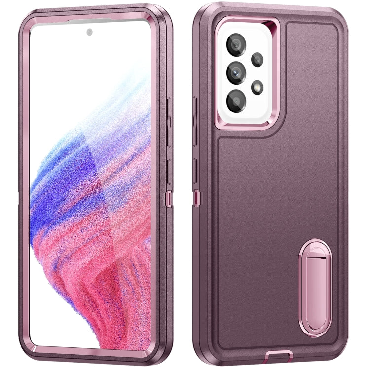 Rugged phone case in purple, camera cutout and built-in stand with pink button