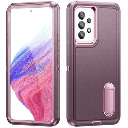 Rugged phone case in purple, camera cutout and built-in stand with pink button