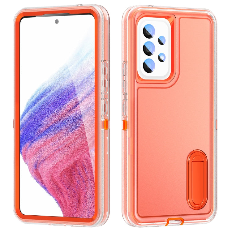 Rugged phone case in orange and clear, camera cutout and built-in stand