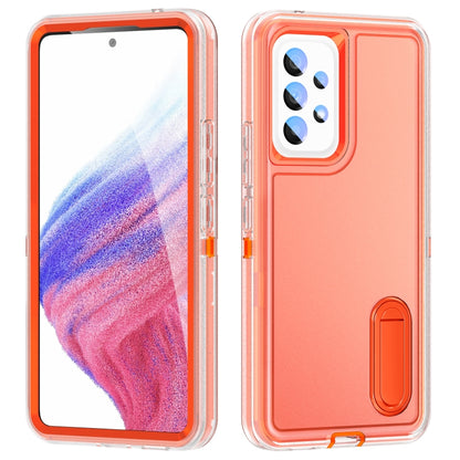 Rugged phone case in orange and clear, camera cutout and built-in stand