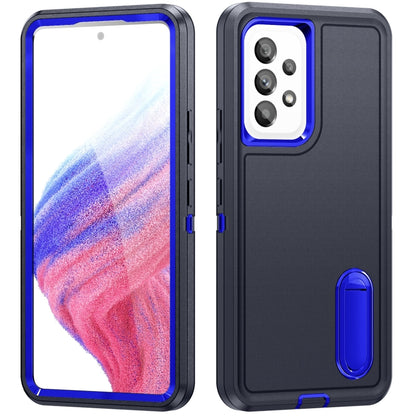 Rugged phone case in dark gray with blue accents, camera cutout and built-in stand