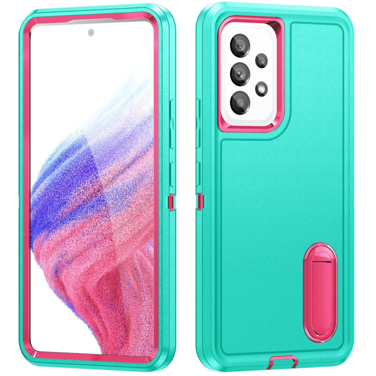 Rugged phone case in teal and pink, camera cutout and built-in stand