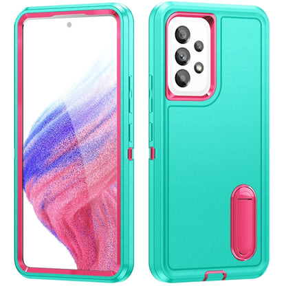 Rugged phone case in teal and pink, camera cutout and built-in stand